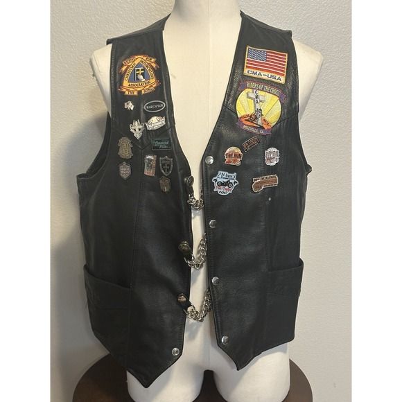 Vintage Christian Motorcyclists Association Black Leather Vest Patches Pins sz.L